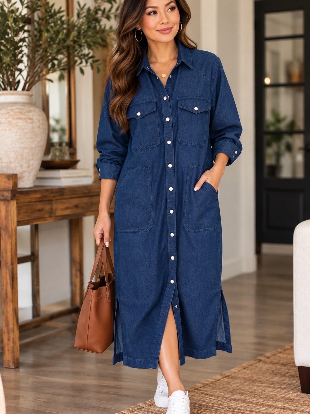 Classic Navy Denim Maxi Shirt Dress with Buttons